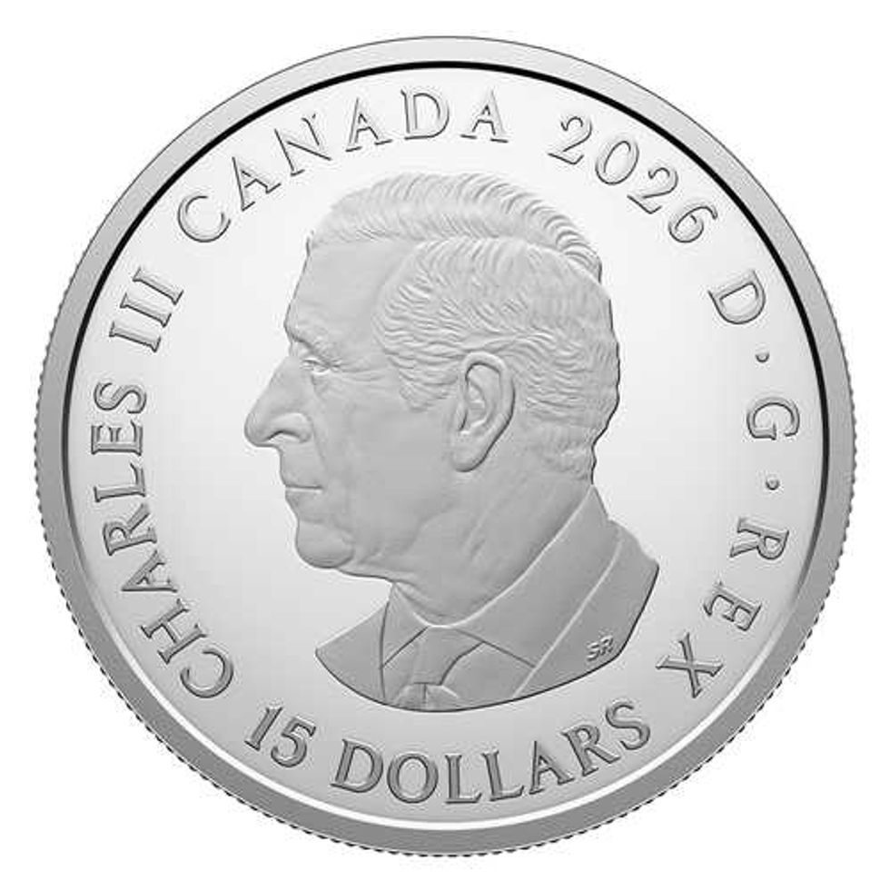 Obverse side of Clan Animals: Sandhill Crane Fine Silver Coin with King Charles effigy