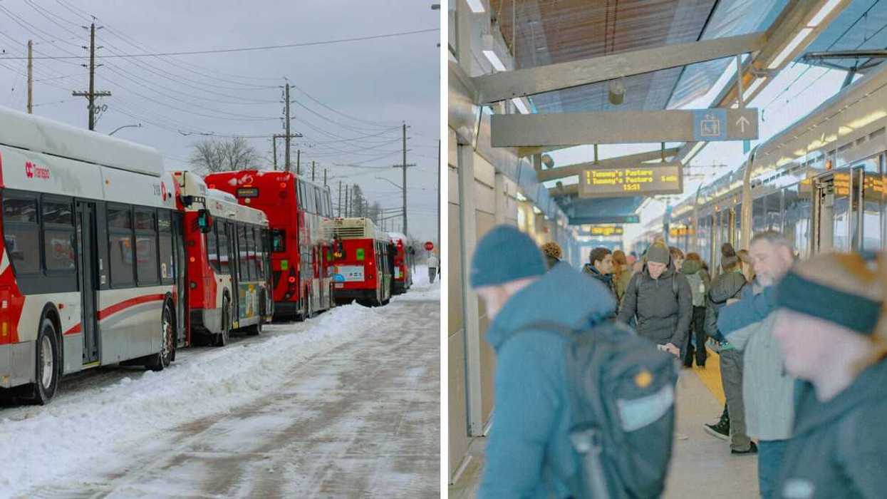 OC Transpo buses lined up on a snowy Ottawa street, Right: commuters boarding and exiting the O-Train at Tunney's Pasture Station.