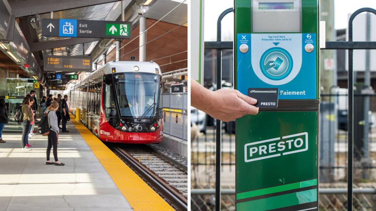 OC Transpo LRT train. Right: Presto card.