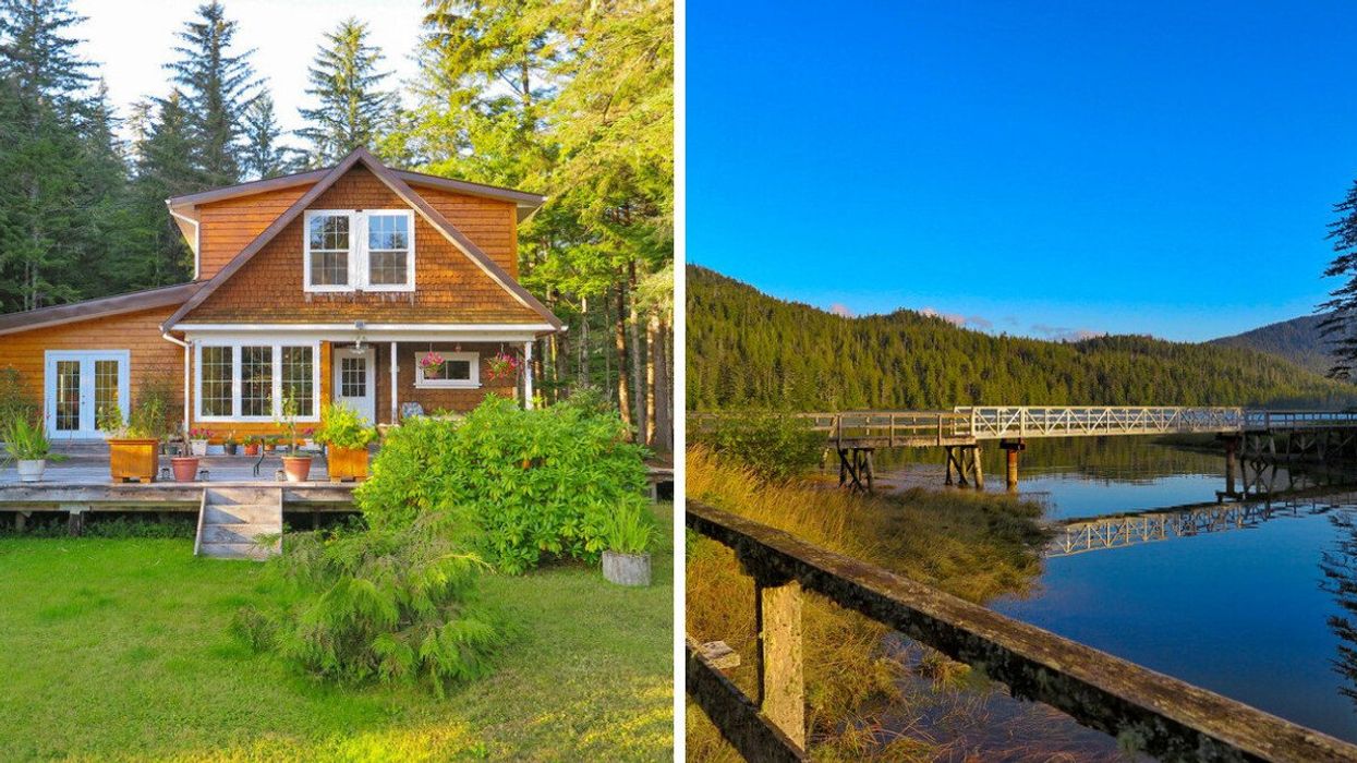Oceanfront house for sale in B.C. Right: Oswald Boardwalk on Smith Island, B.C.