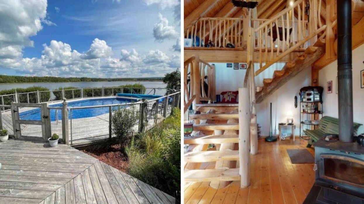 Oceanfront property with a pool. Right: Riverfront log cabin.