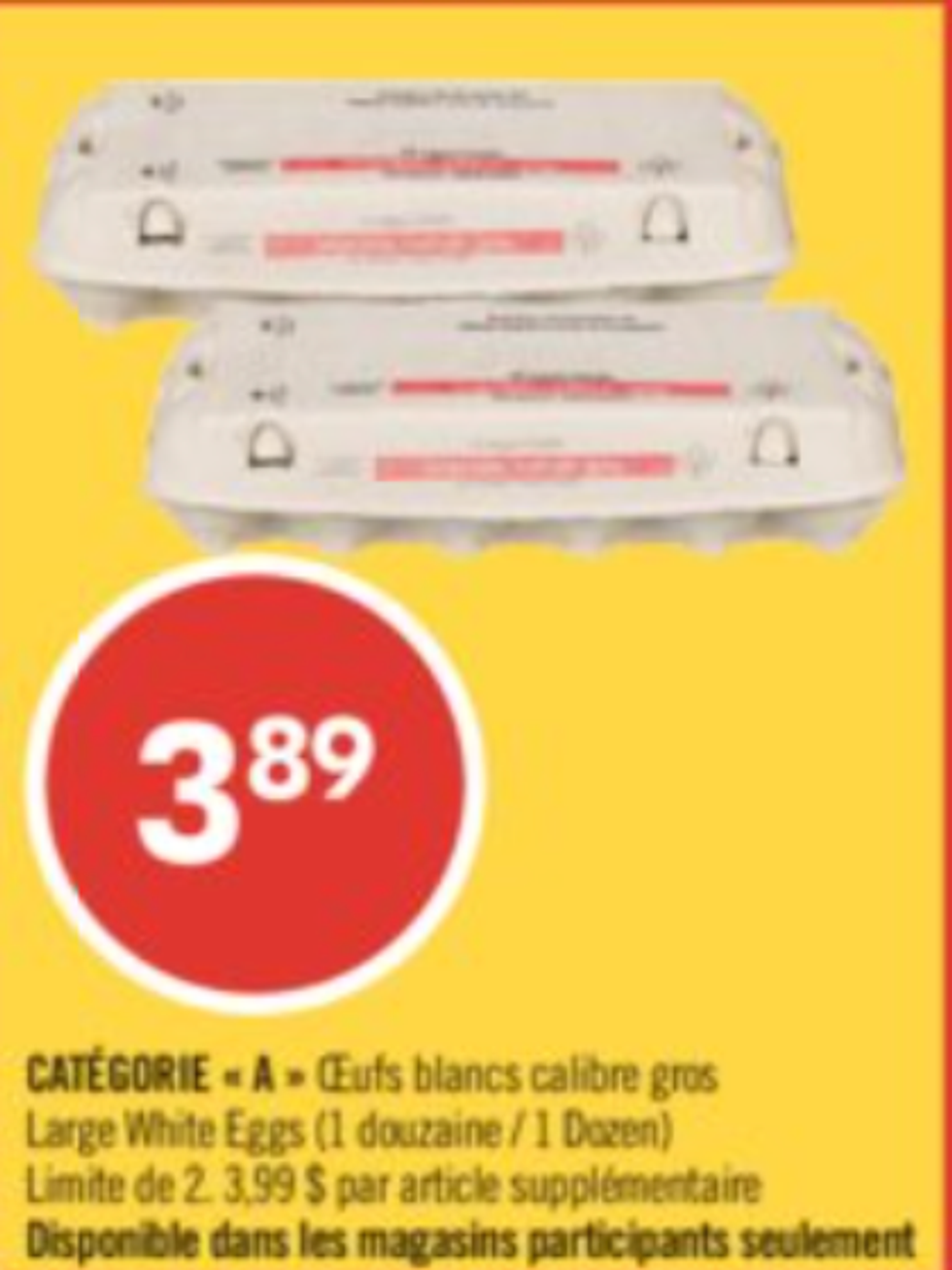 Oeufs blancs calibre gros dans la circulaire du Pharmaprix.