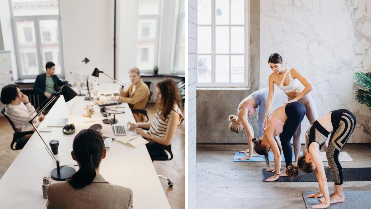 Office workers in a conference room. Right: a group yoga class.