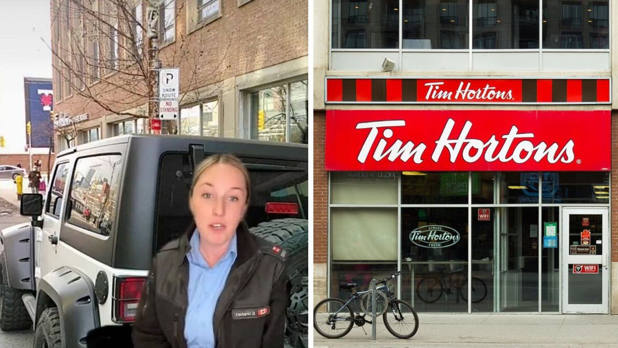 Officer Erin Urquhart. Right: A Tim Hortons in Toronto