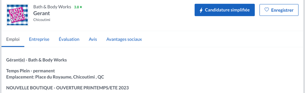 Offre d'emploi du Bath & Body Works.