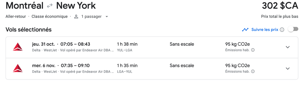 Offre de vols sur Google flights.