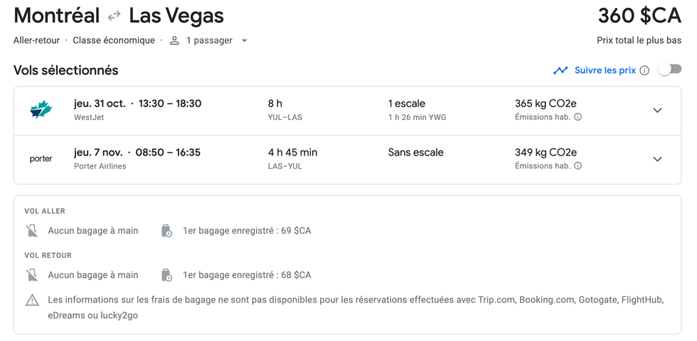 Offre de vols sur Google flights.