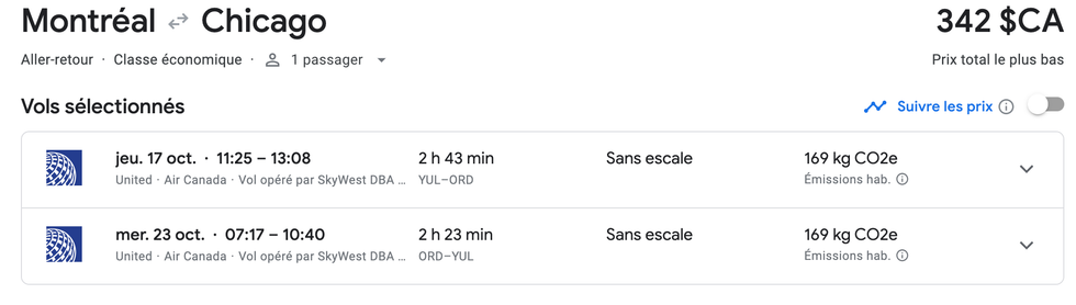 Offre de vols sur Google flights.
