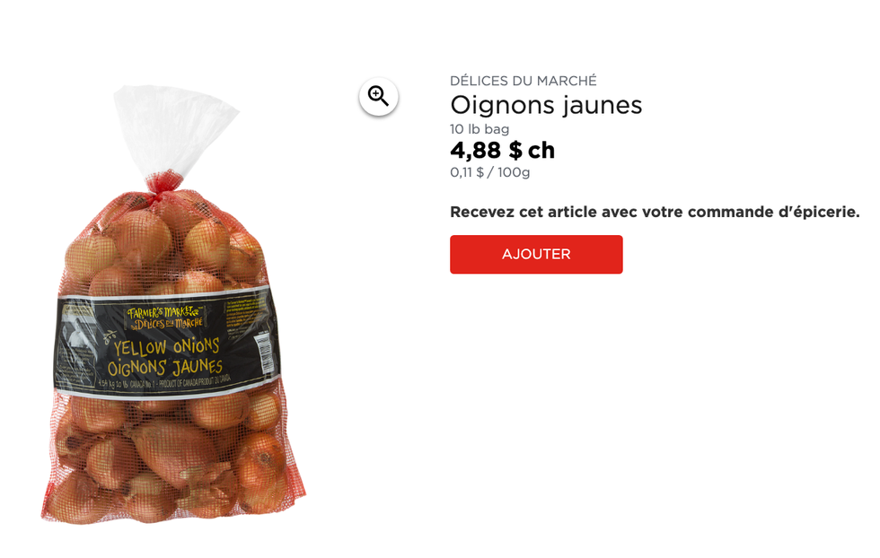 Oignons jaunes sur le site Web du Maxi.