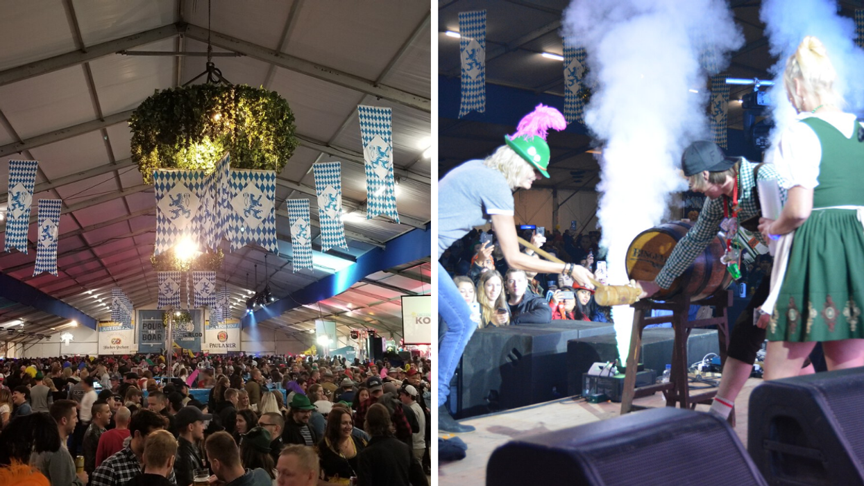 Oktoberfest beer garden full of people. Right: Beer cask opening on stage.