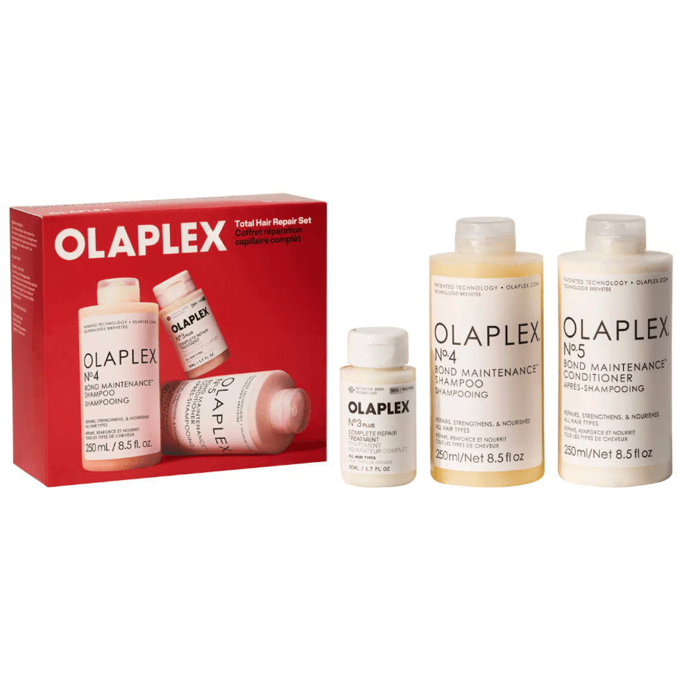 Olaplex Ensemble-cadeau r\u00e9paration compl\u00e8te de soin pr\u00e9shampooing, shampooing et revitalisant.