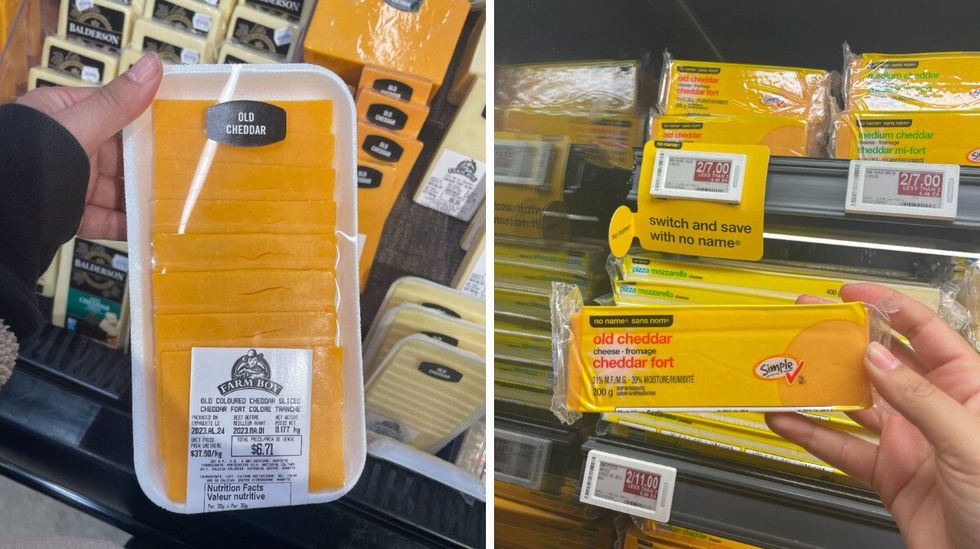 Old Cheddar from Farm Boy. Right: Old Cheddar from Loblaws.