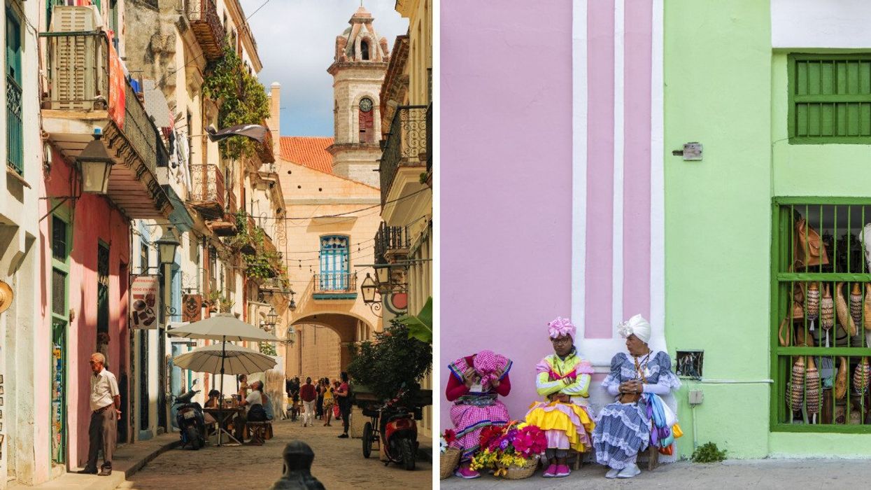 Old colonial architecture buildings in the street of Old Havana, Cuba. Right: Women in traditional clothing sitting in front of colourful souvenir shops in Havana, Cuba.