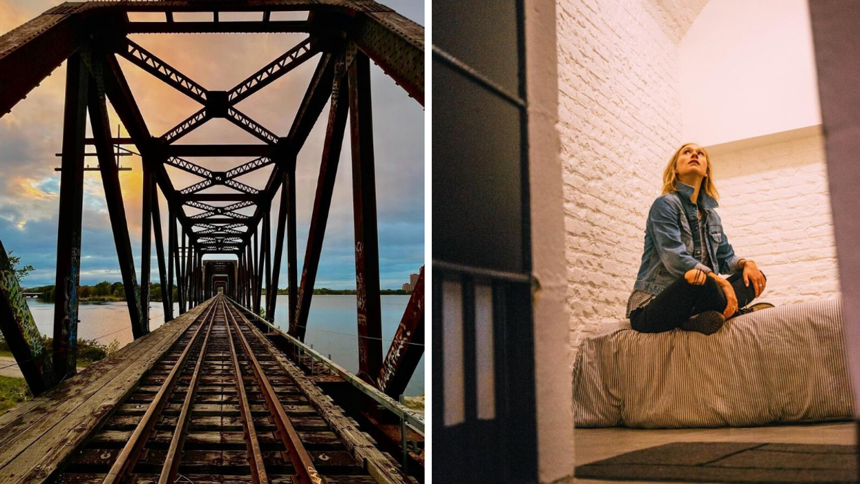 Old interprovincial railway bridge in Ottawa. Right: Cell room in Ottawa's jail hostel.