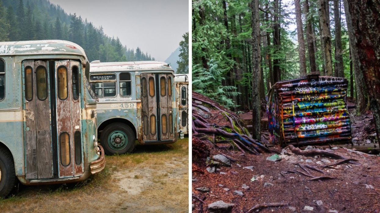 Old rusted buses parked in a B.C. ghost town. Right: An abandoned train car with graffiti on it surrounded by trees in a forest.