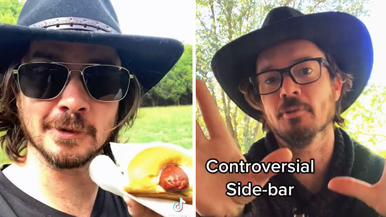 Oli Pettigrew holding a kolache. Right: Pettigrew in a TikTok about Texas.