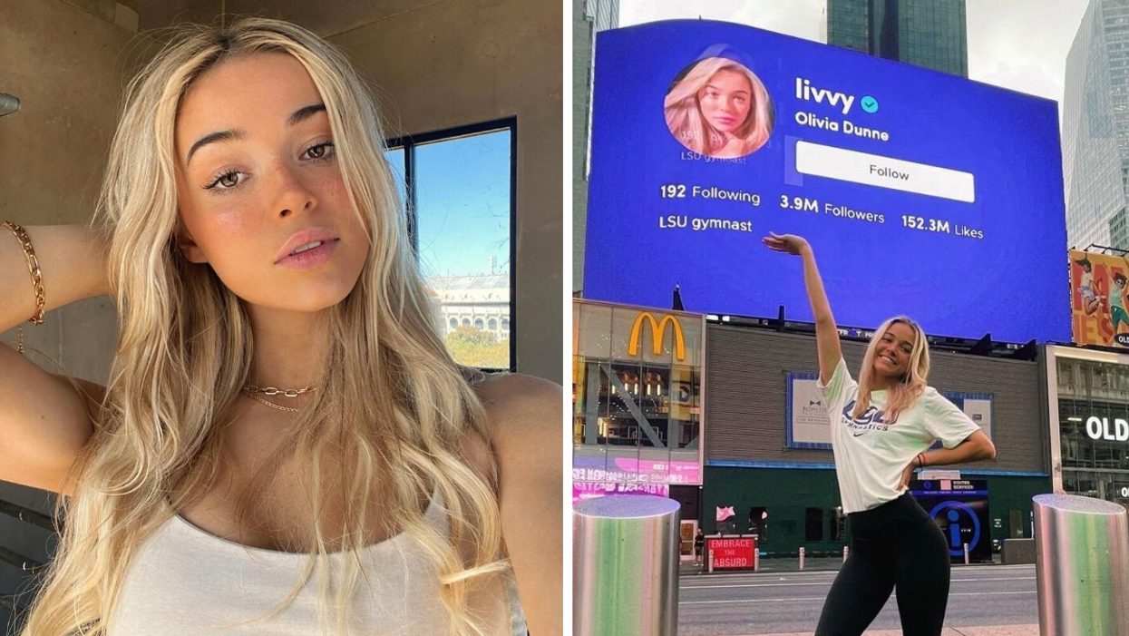 Olivia Dunne in a white top. Right: Dunne in front of a billboard with her TikTok account on it.