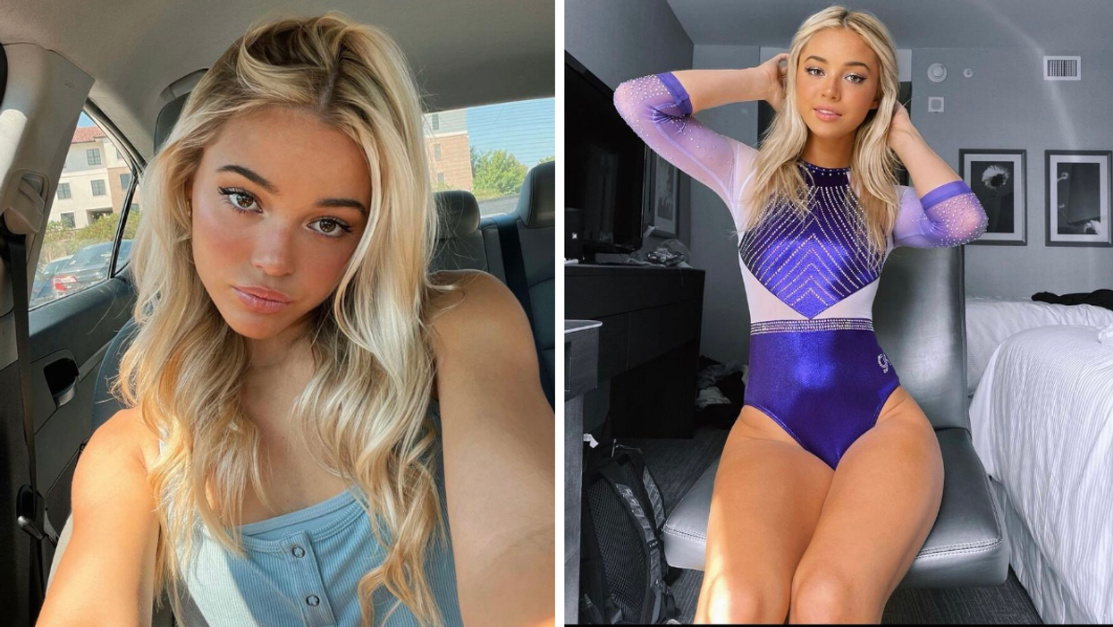 Olivia Dunne. Right: Dunne in a purple gymnastics leotard.