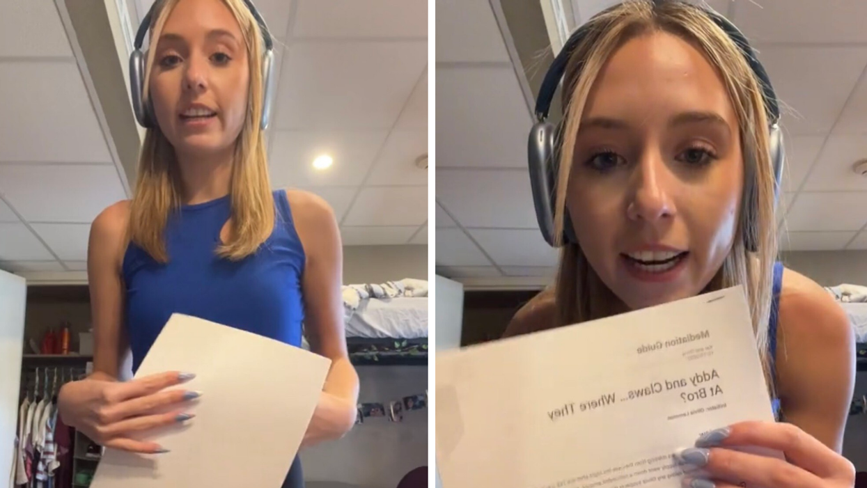 Olivia Lemmon in a blue top holding a piece of paper. Right: Lemmon holding her mediation packet.