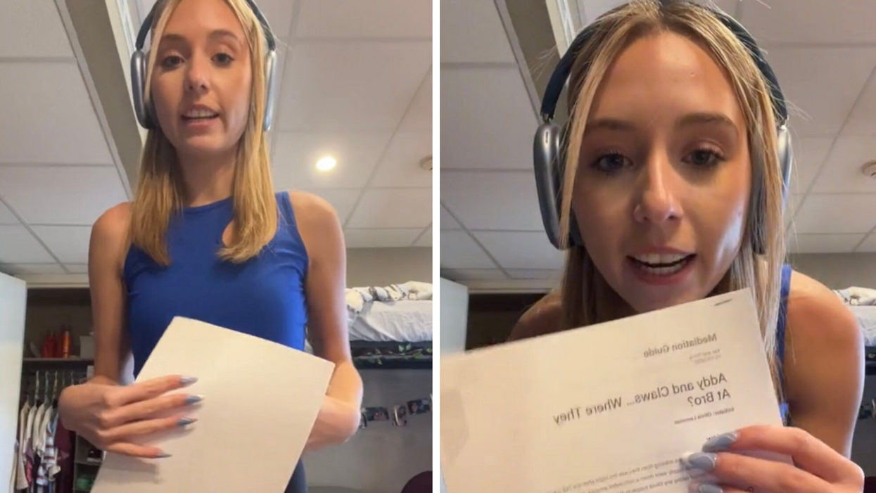 Olivia Lemmon in a blue top holding a piece of paper. Right: Lemmon holding her mediation packet.