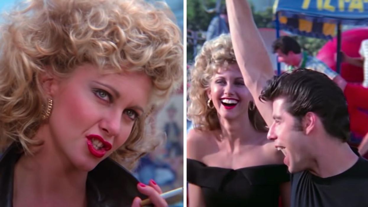 Olivia Newton-John as Sandy in "Grease." Right: Olivia Newton-John as Sandy and John Travolta as Danny in "Grease."