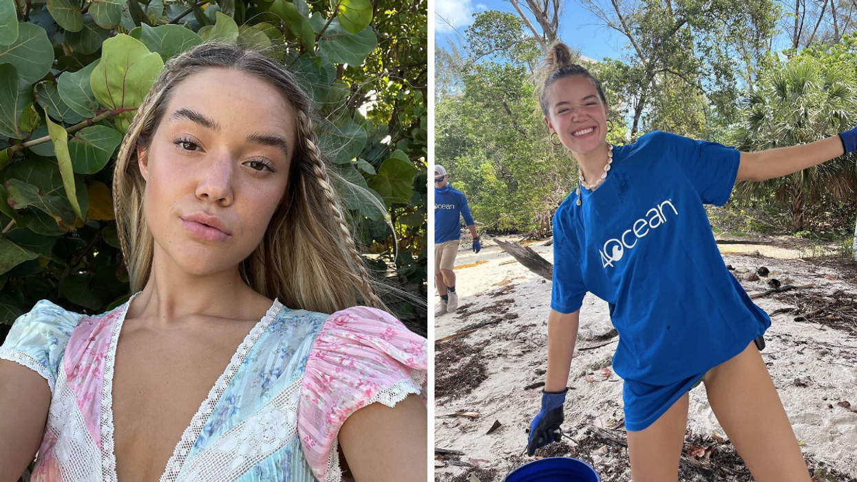 Olivia Ponton with braids in her hair. Right: Olivia Ponton cleaning up the beach for 4Ocean.