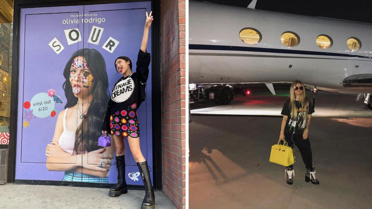 Olivia Rodrigo in front of an ad for her album Sour. Right: Avril Lavigne in front an airplane after a concert.