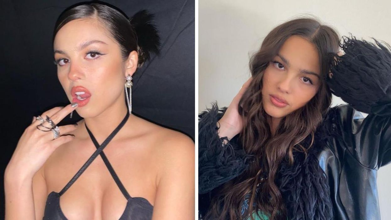 Olivia Rodrigo with her middle finger on her lip. Right: Olivia Rodrigo posing.