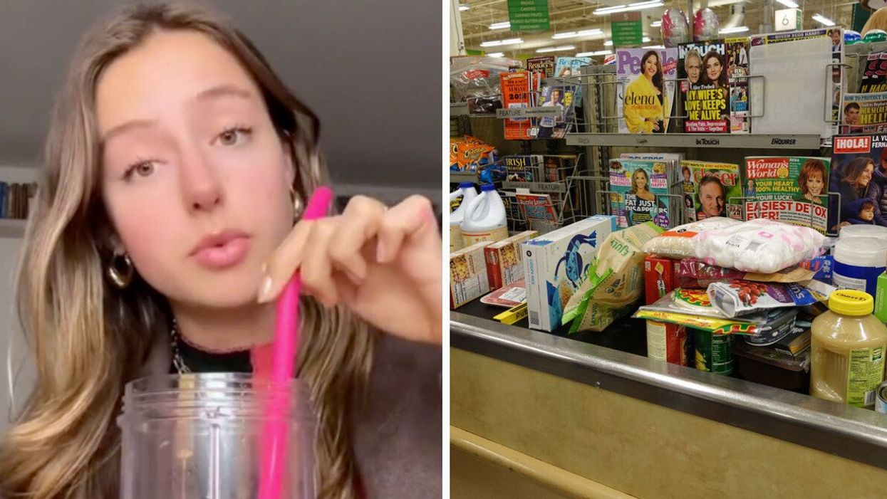 Olympia Anley. Right: Groceries at the supermarket.