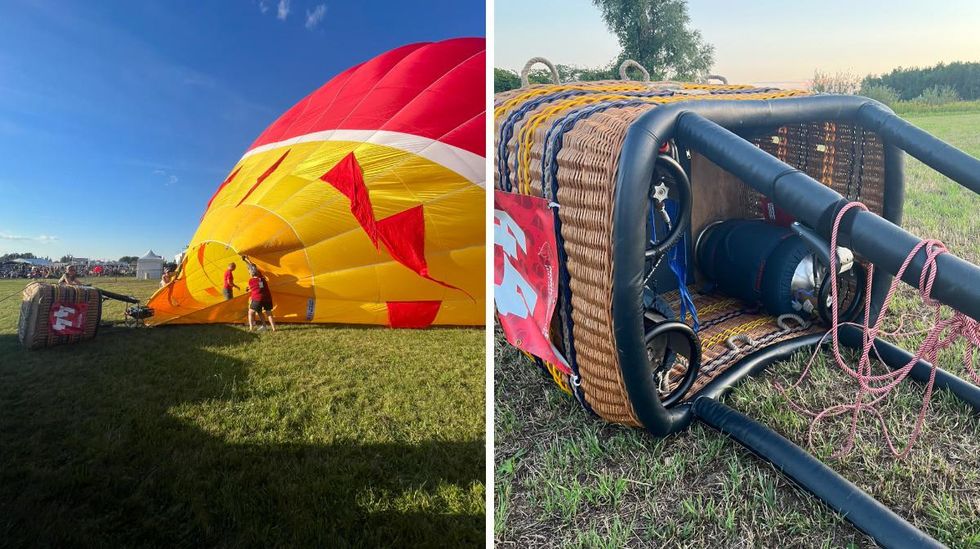 On remplit l'enveloppe d'air. Droite : La nacelle de la montgolfi\u00e8re.