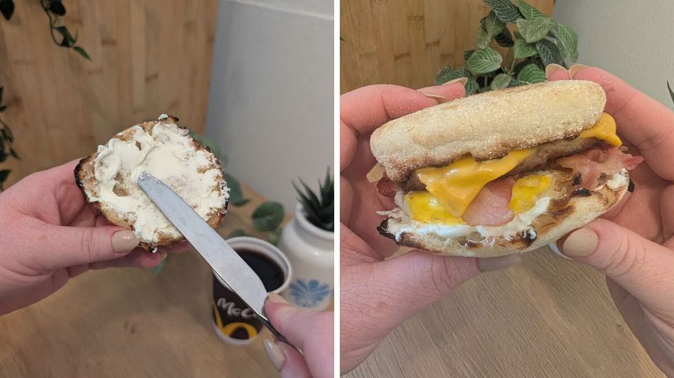 One hand holding a chrome knife spreads cream cheese on an English muffin half held by the other hand. Right: A McDonald's McMuffin with added cream cheese. 