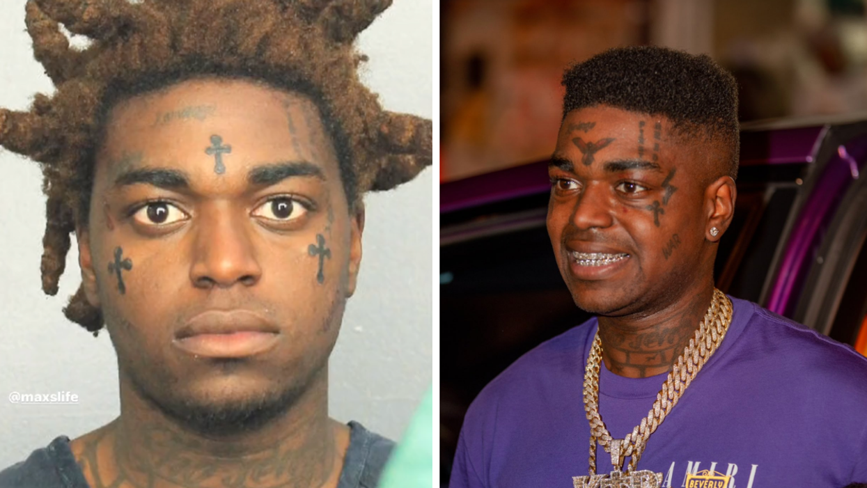 One of Kodak Black's mugshots. Right: Kodak Black with a purple shirt on.