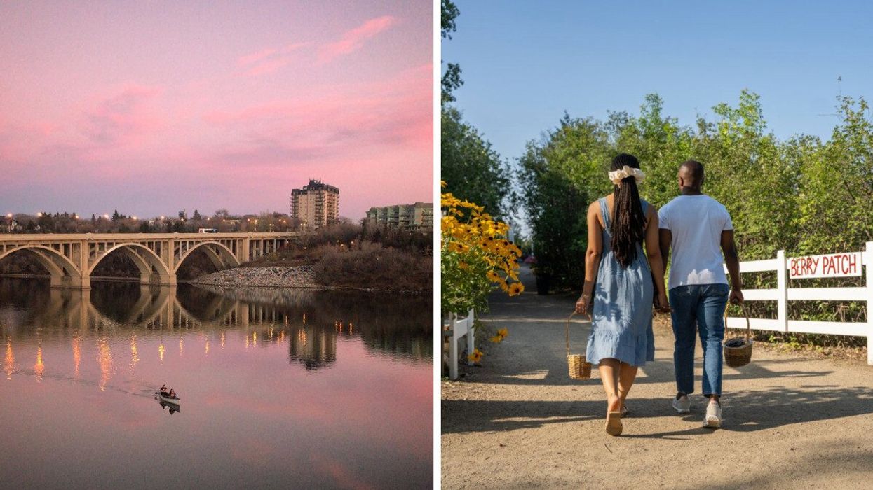 One of the many bridges in Saskatoon at sunset. Right: A couple walk hand in hand.
