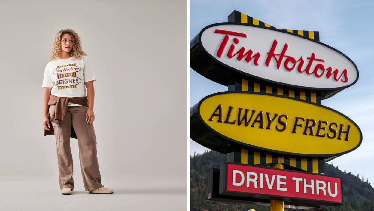 One of the new Tim Horton's fits. Right: A Tim Hortons sign.