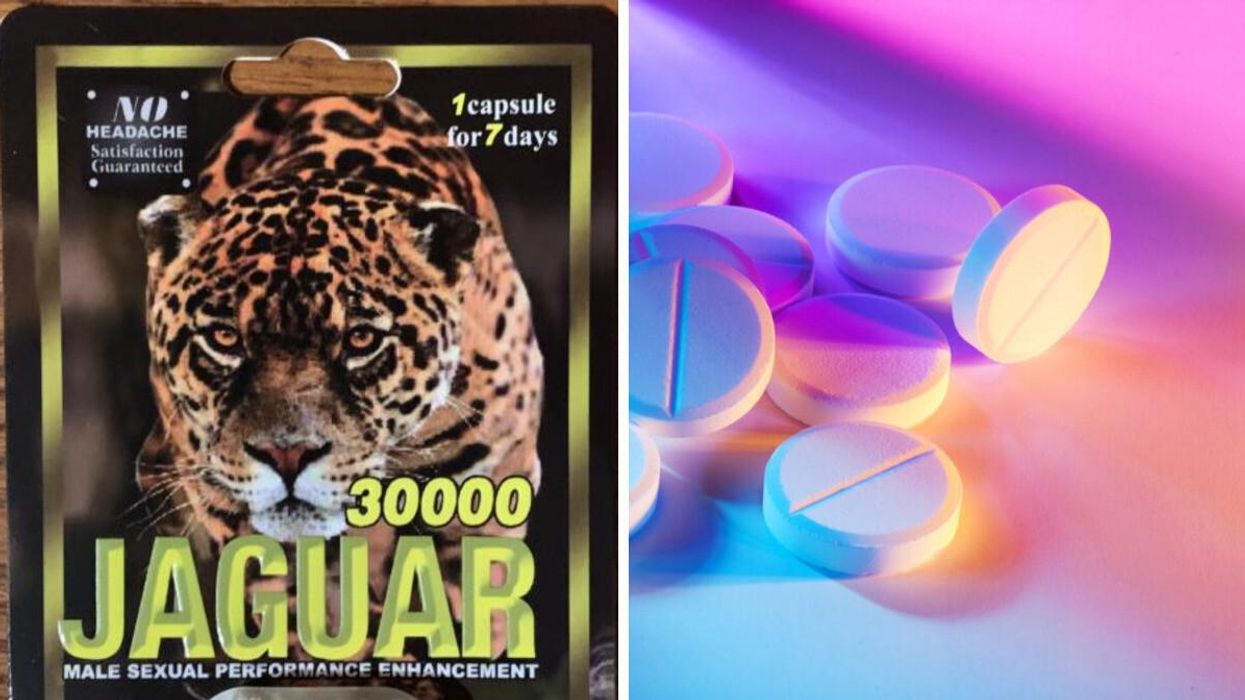One of the recalled sex enhancement products. Right: A generic picture of white pills on a colourful background.