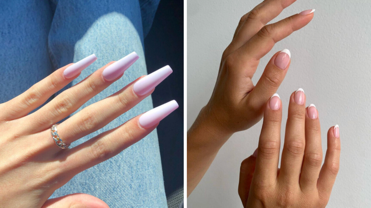 Ongles mauves en forme de cercueil. Droite : Ongles avec une manucure française.