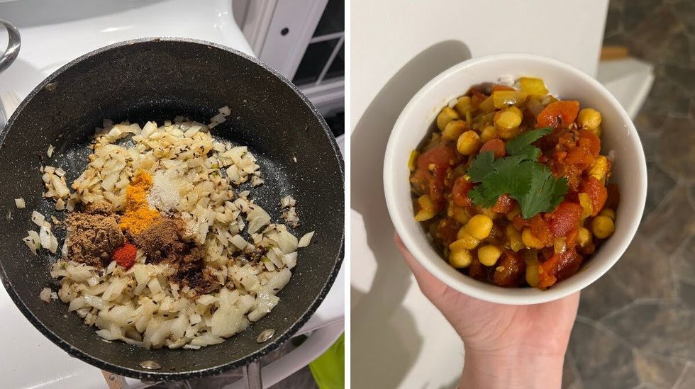 Onion and spices cook in a frying pan. Right: A bowl of chana masala.