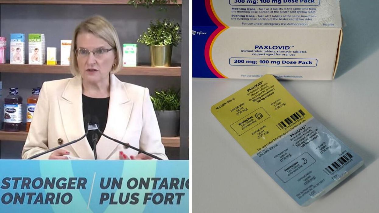 Ontairo Health Minister Sylvia Jones making an announcement. Right: The antiviral medication Paxlovid.
