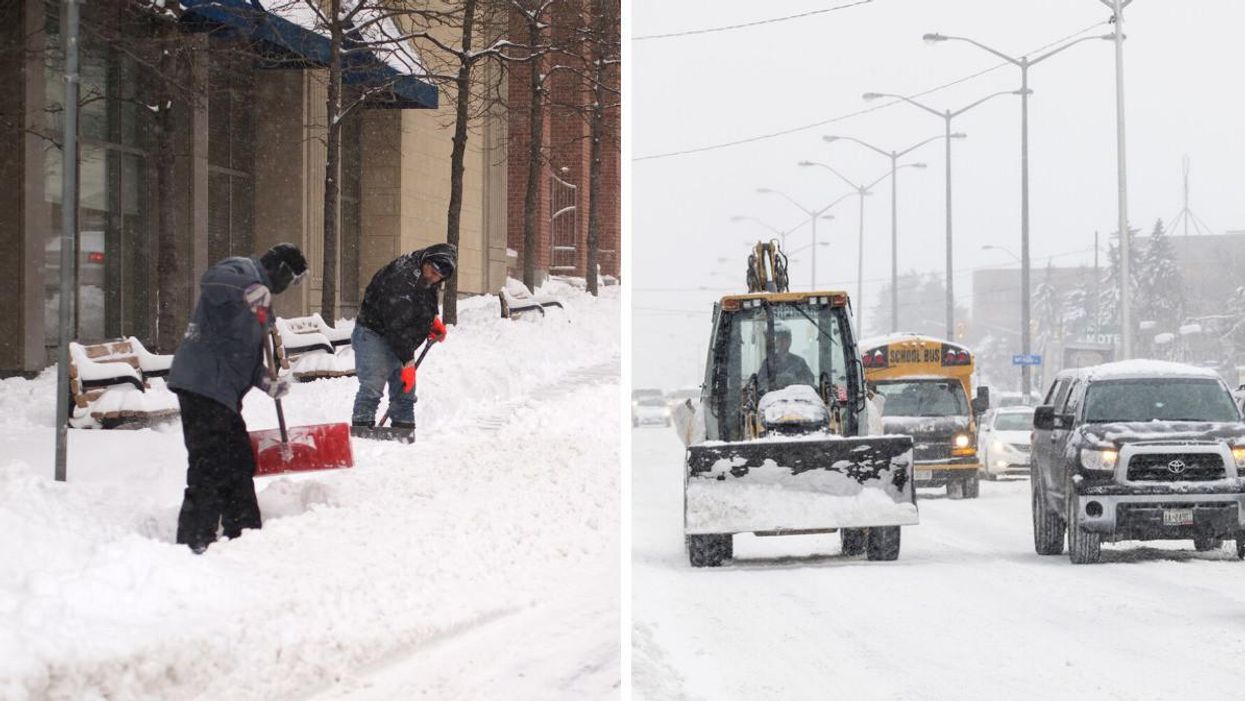 Ontarians shovelling snow. Right: Winter driving in Toronto.