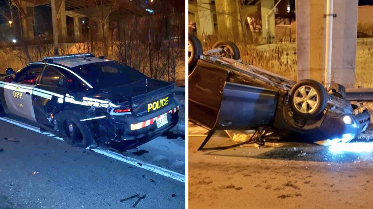 Ontario Driver Hit An OPP Cruiser On Hwy 403 & Flipped Their Car Last Night