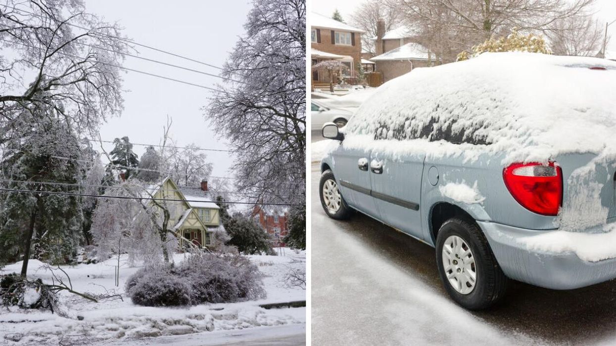 Ontario during an ice storm. Right: A car covered in snow and ice.