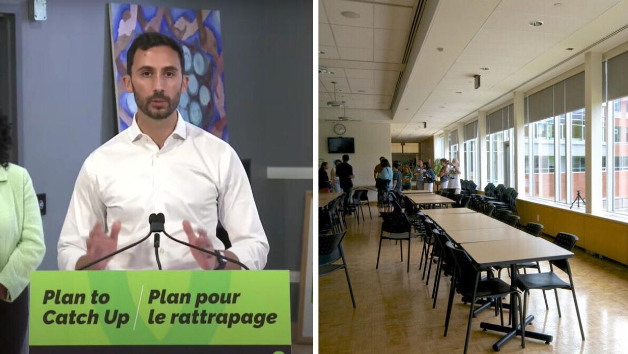 Ontario Education Minister Stephen Lecce at a press conference. Right: Inside a Toronto classroom.
