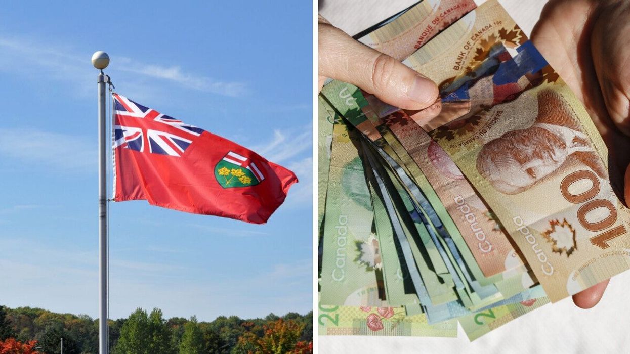 Ontario flag. Right: Canadian money in outstretched hands (illustrative).