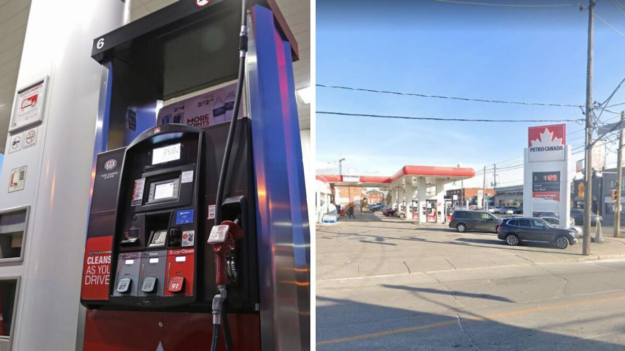 Ontario gas pumps. Right: Petro-Canada gas station.