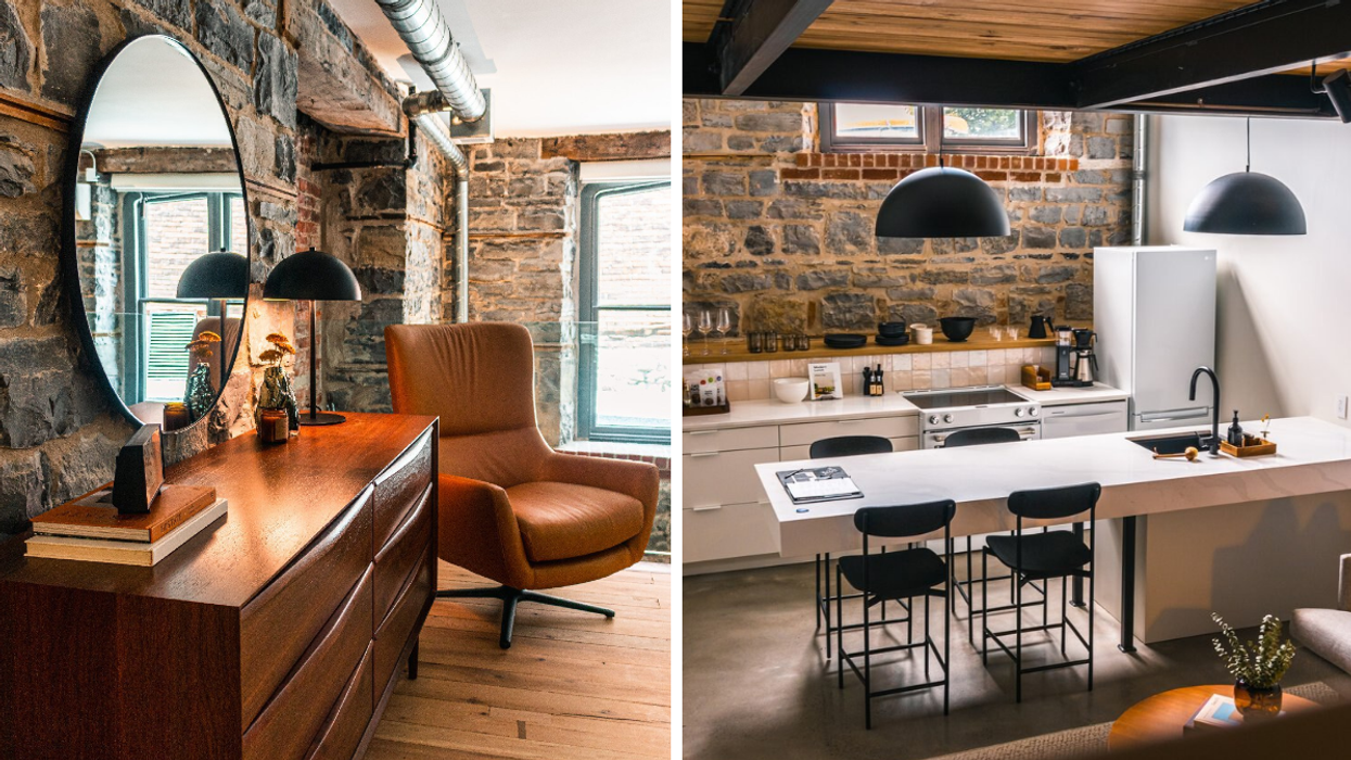 Ontario hotel room with exposed limestone and luxury accents inside a converted church.