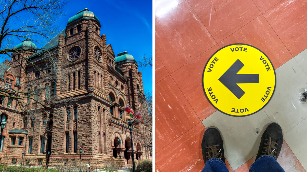 Ontario legislative building in Queens Park, Right: An elections sign directing a voter on where to cast their vote.