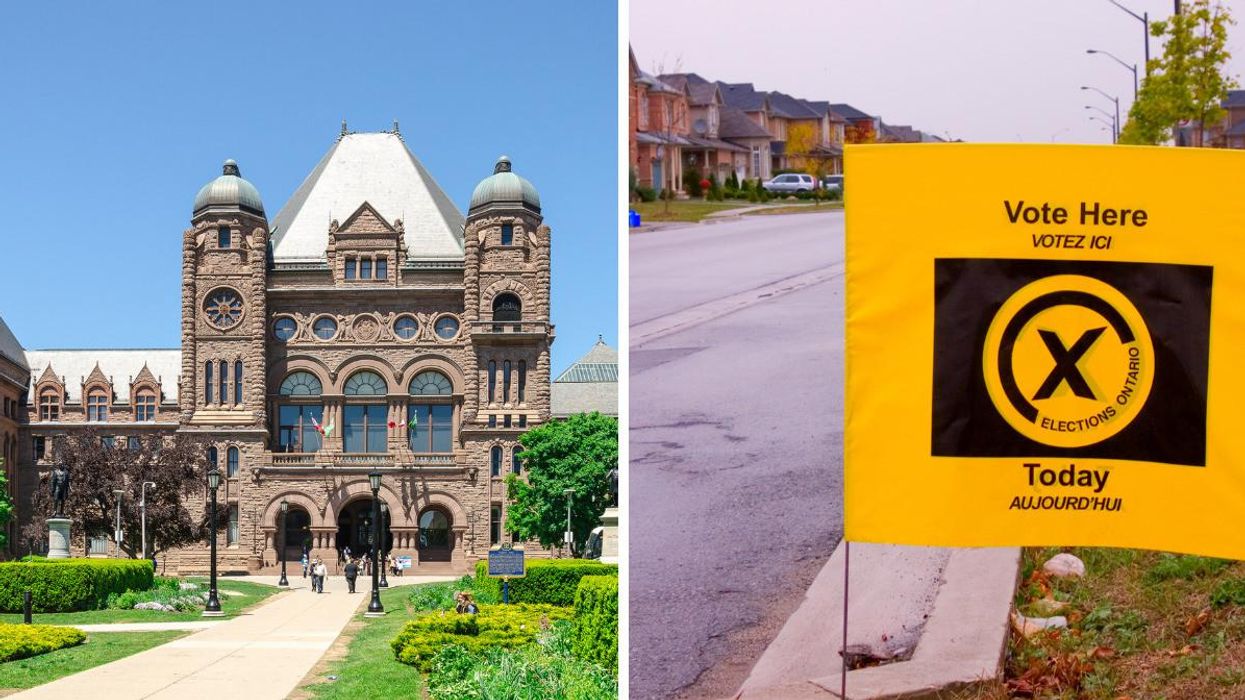 Ontario Legislative Building in Toronto. Right: Elections Ontario sign.