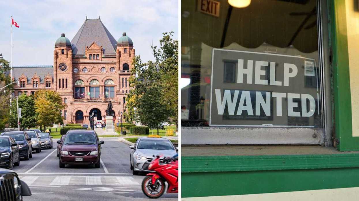 Ontario Legislature building at Queen's Park in Toronto. Right: "Help wanted" sign.