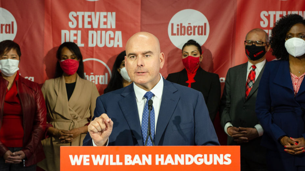 Ontario Liberal leader Steven Del Duca announcing they'd ban handguns in the province if elected.