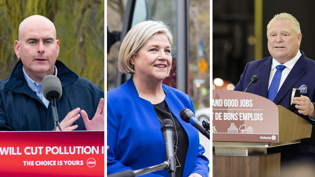 Ontario Liberal Leader Steven Del Duca. Centre: Ontario NDP Leader Andrea Horwath. Right: Ontario Progressive Conservative Leader Doug Ford.
